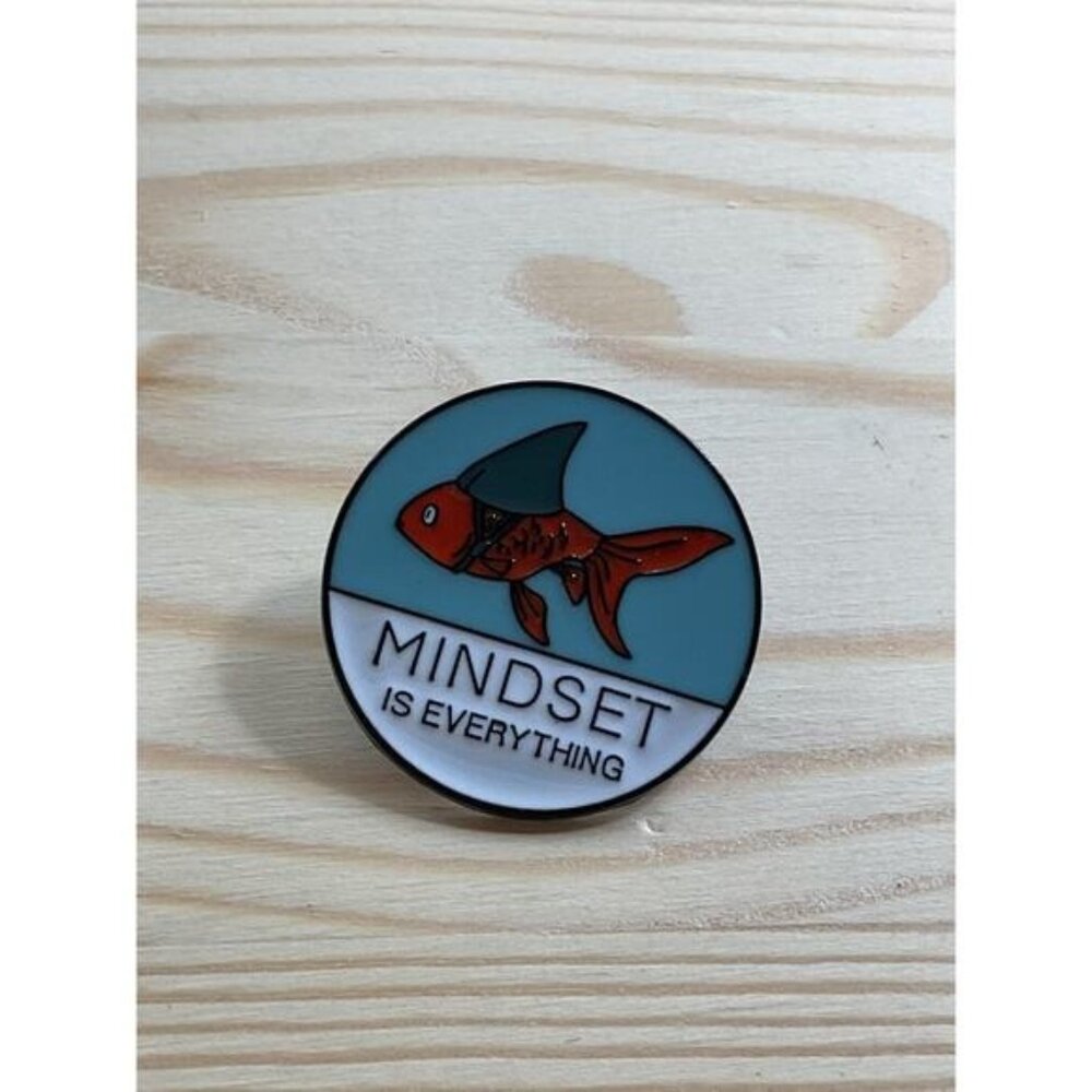 Mindset Is Everything Motivational Enamel Pin With Shark-Fin Goldfish Design